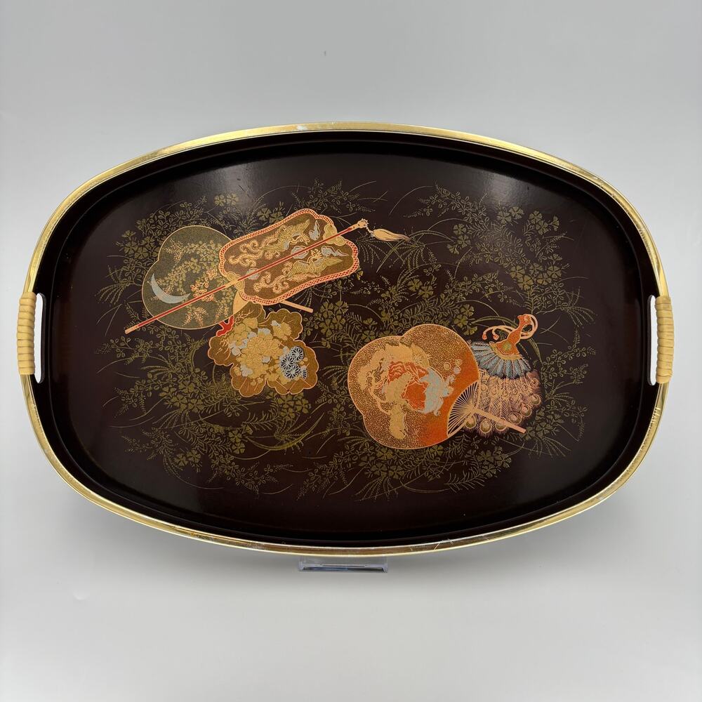 Vintage Japanese Lacquer Serving Tray Gold Gilt Fan Peacock Bar Platter 16.5"